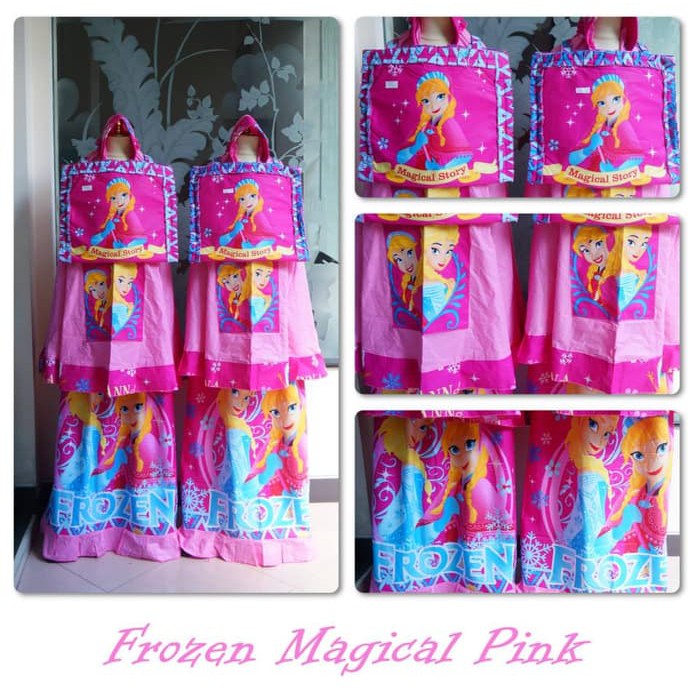 Mukena Anak Kecil Katun Karakter Motif Frozen Magical Pink Size M Umur 5-6 Tahun Tas Sajadah Adem TK