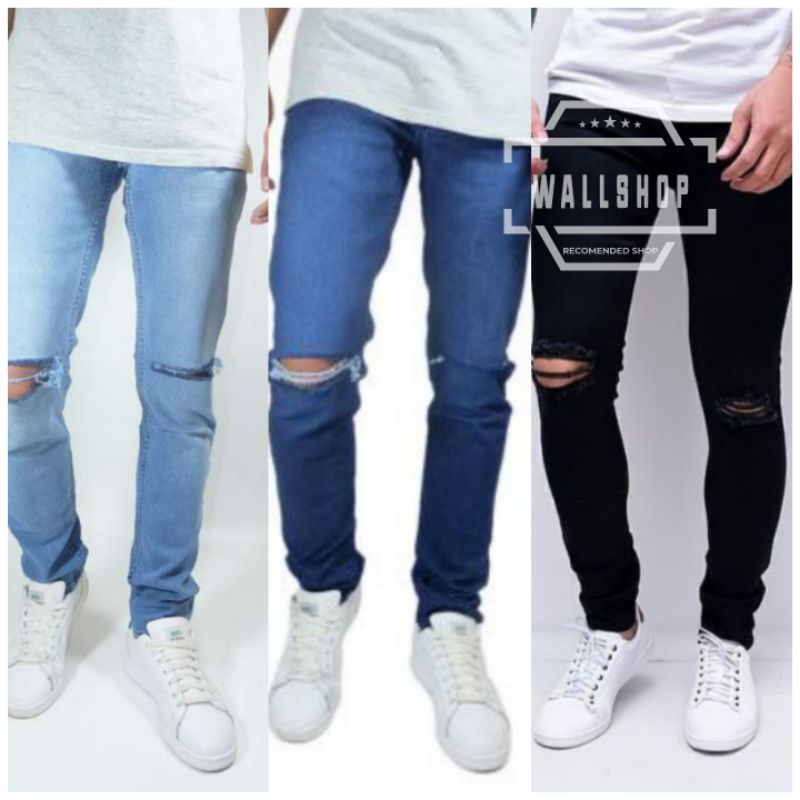 Celana pensil sobek lutut pria celana panjang sobek skyny  sobek lutut