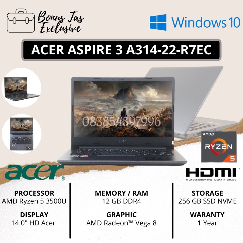 LAPTOP GAMING VGA 5GB ACER ASPIRE 3 A314 22 R7EC [AMD RYZEN 5 3500 / 12GB RAM DDR4 / SSD 256GB NVME / VGA AMD RADEON VEGA 8 / 14&quot; HD / BLACK / FREE INSTALL WINDOWS 10 + TAS EXCLUSIVE] - TEKNO KITA