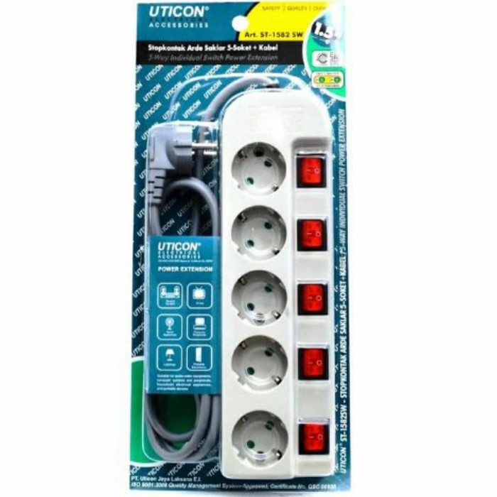 UTICON  STOP KONTAK ST-1582SW ST-1582 SW 5 LUBANG WITH ARDE + SAKLAR+KABEL 1.5 Meter