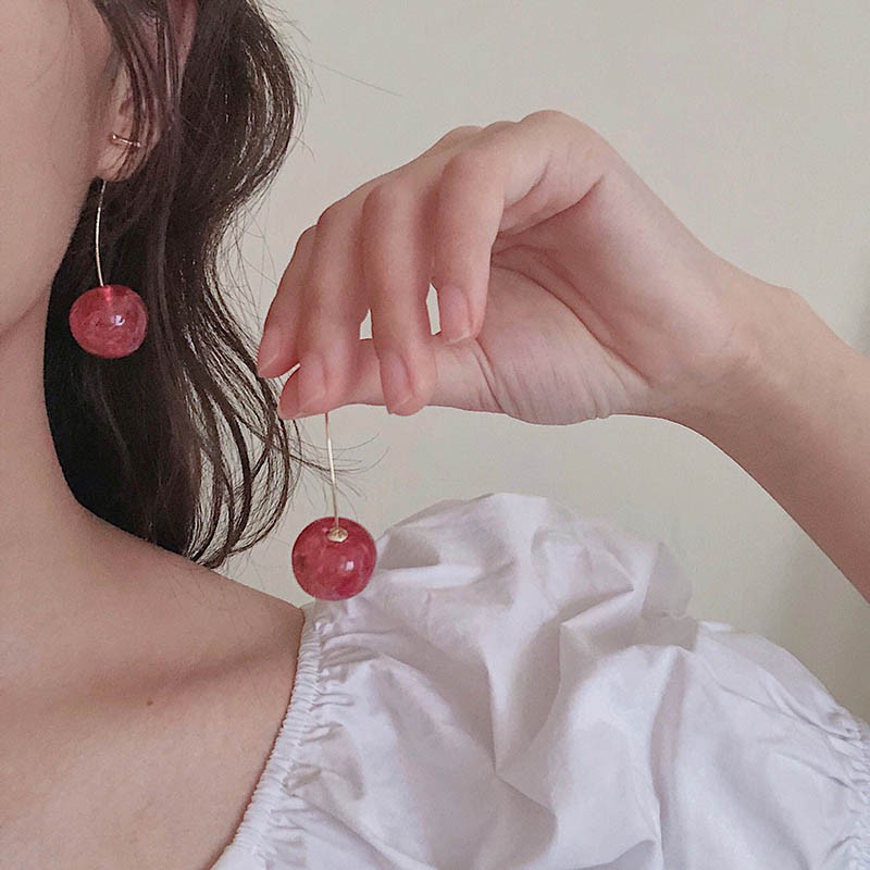 Anting Stud Panjang Desain Buah Cherry Gaya Jepang