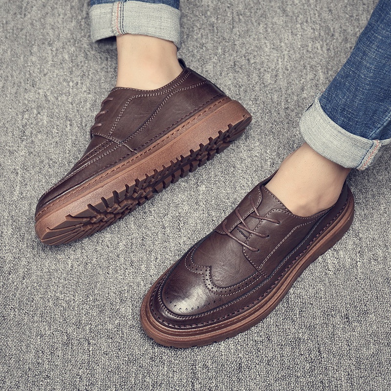 2020  Pria Korea Sepatu Kasual Kulit Sepatu  Inggris Tren Low-Top  Papan Sepatu Sepatu