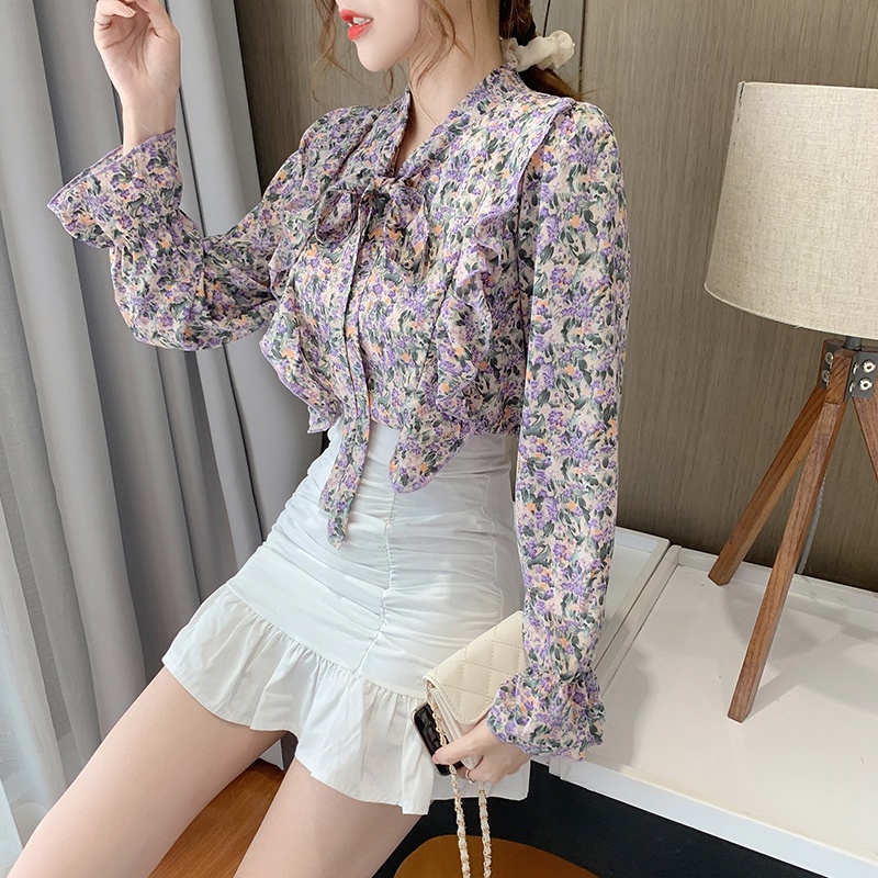 Fashion Korea Style Lengan Panjang Blus Wanita Musim Panas Casual Blouse Motif Bunga Bahan Sifon Warna Pink Atasan Kemeja Wanita