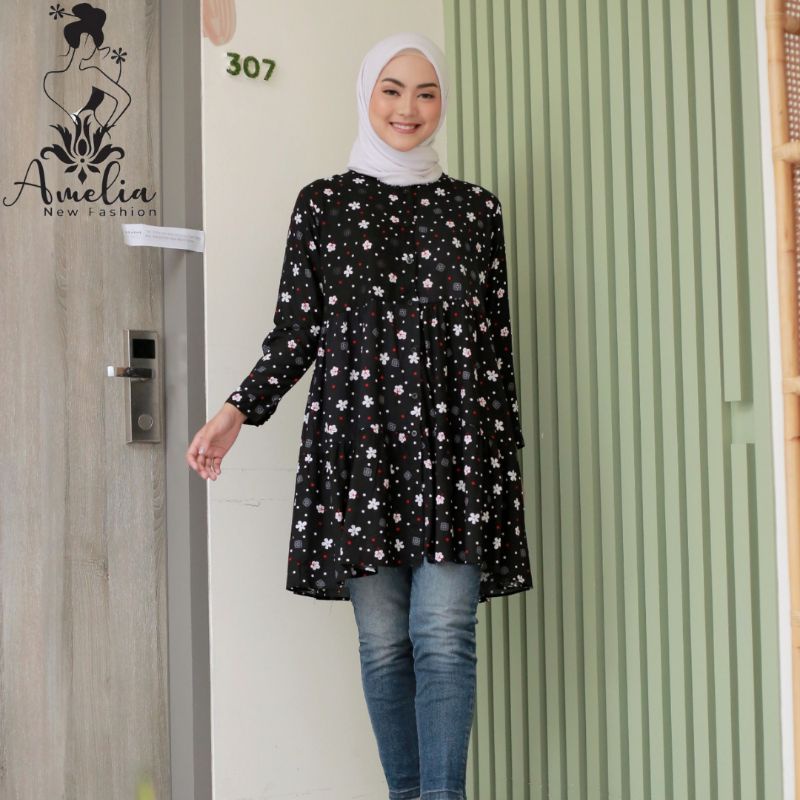 Tunik Wanita Terbaru Import Rayon Crinkle Premium Viscose Motif Baju Atasan Wanita Kekinian Lengan P