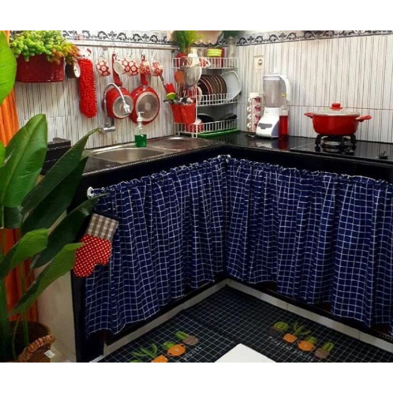 gorden dapur murah / tirai kolong dapur motif kotak biru