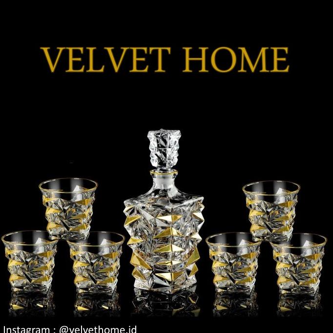 SET Botol + 6 gelas whisky whiskey wine vodka Kaca White Glass gold