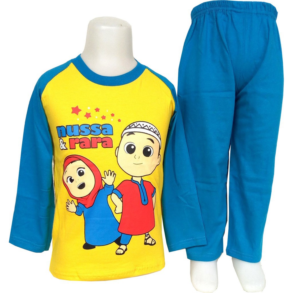 MANTROLL - Setelan Kaos dan Celana Katun Anak Motif Nussa Rara warna kuning-biru usia 1-10 tahun