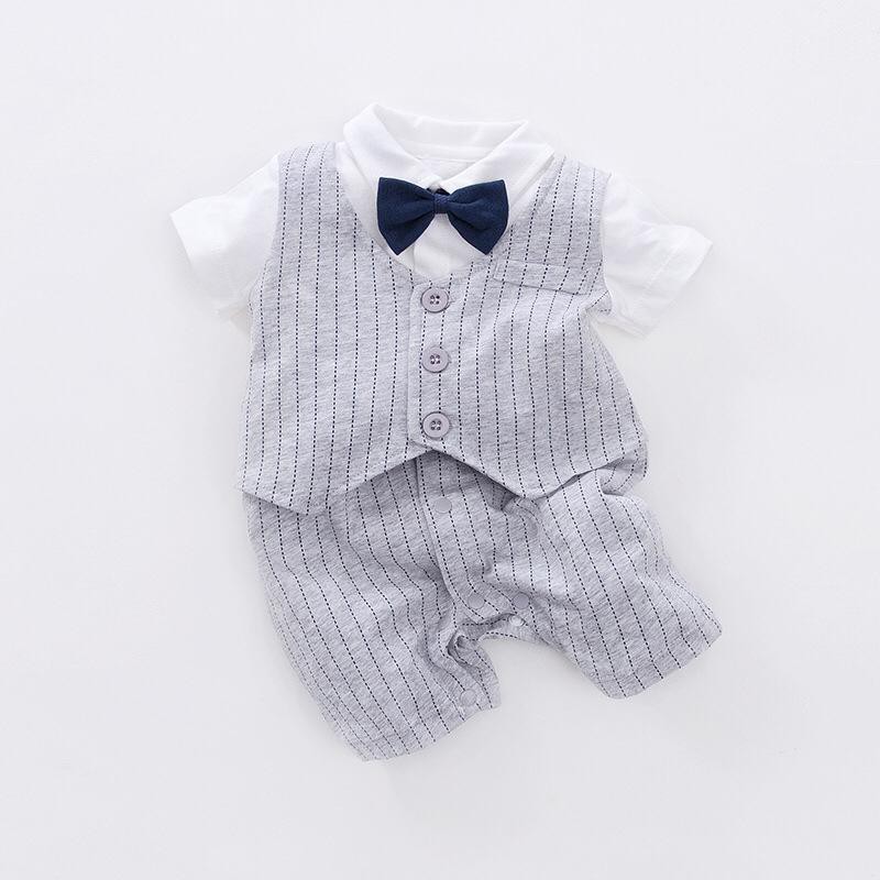 Jumper bayi 0-24 bulan Tuxedo dasi Lengan Pendek abu-abu import Korea BA-638