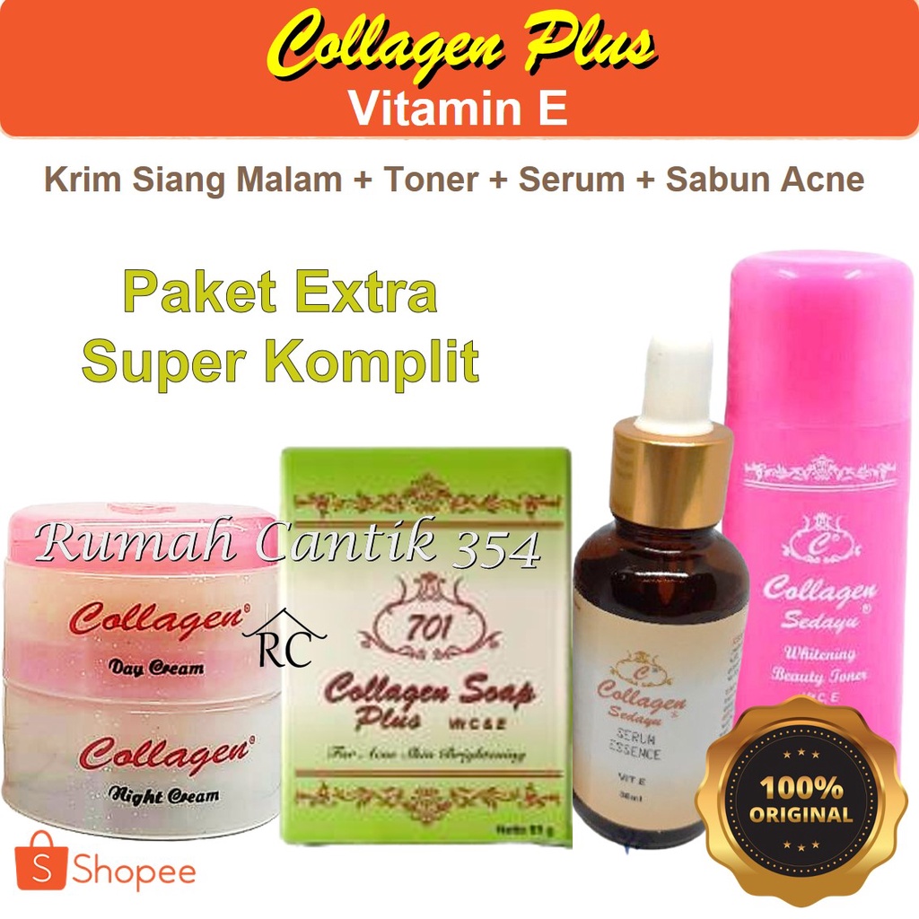 Paket Extra Super Komplit Collagen Day Night Cream Sabun Hijau &amp; Toner Wajah Serum Essence Rumah Cantik 354 Paket Lengkap 5 in 1 Perawatan Wajah