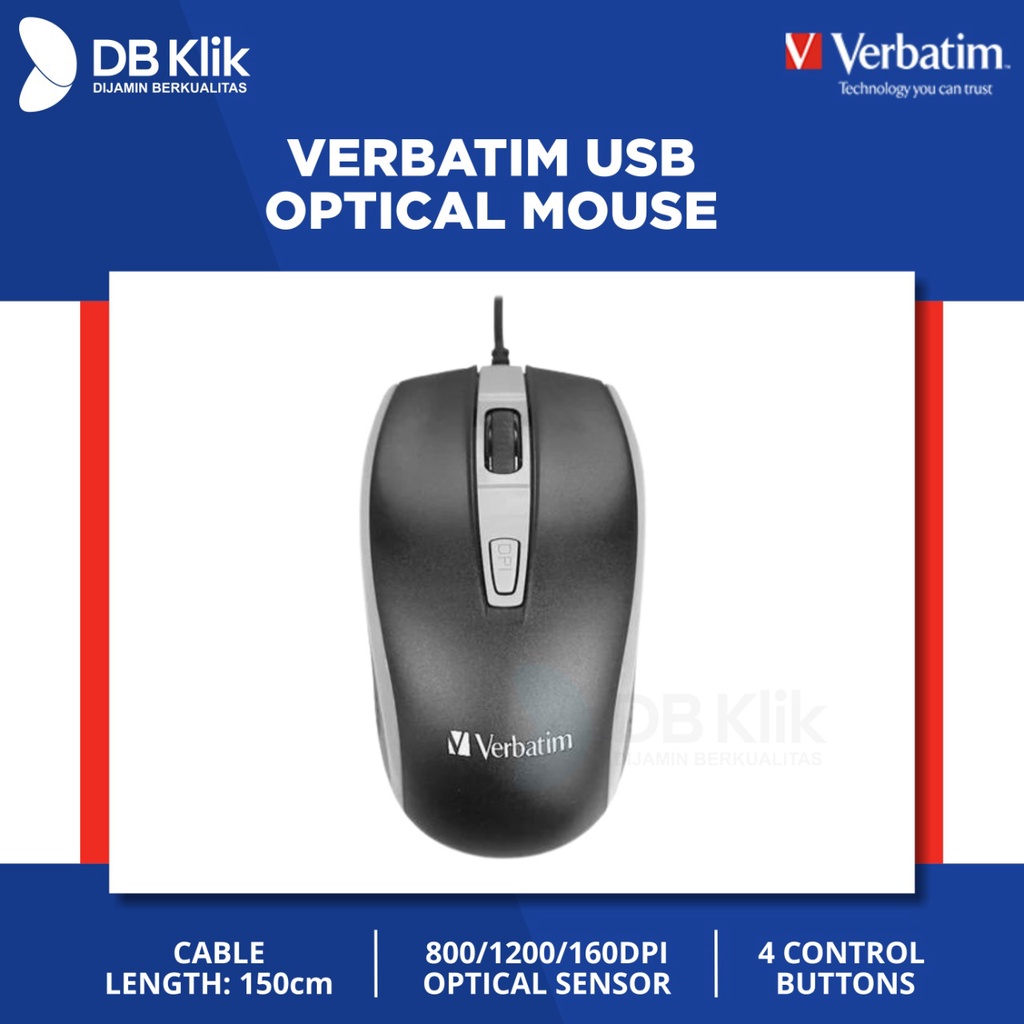 Mouse Verbatim Wired Optical 1600 DPI - Verbatim USB Optical Mouse - BLACK - 66513