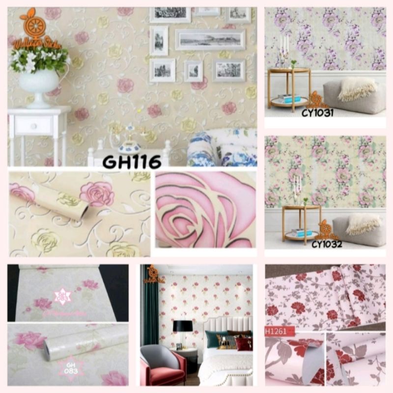 KaruniaCztore Wallpaper dinding sticker meter / wallpaper dinding motif bunga 3d aesthetic mawar /