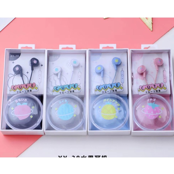 [XY-38] Set Headset Earphone Motif BUAH-BUAHAN Lucu / Wadah Earphone Transparan Bulat Kartun Fruits