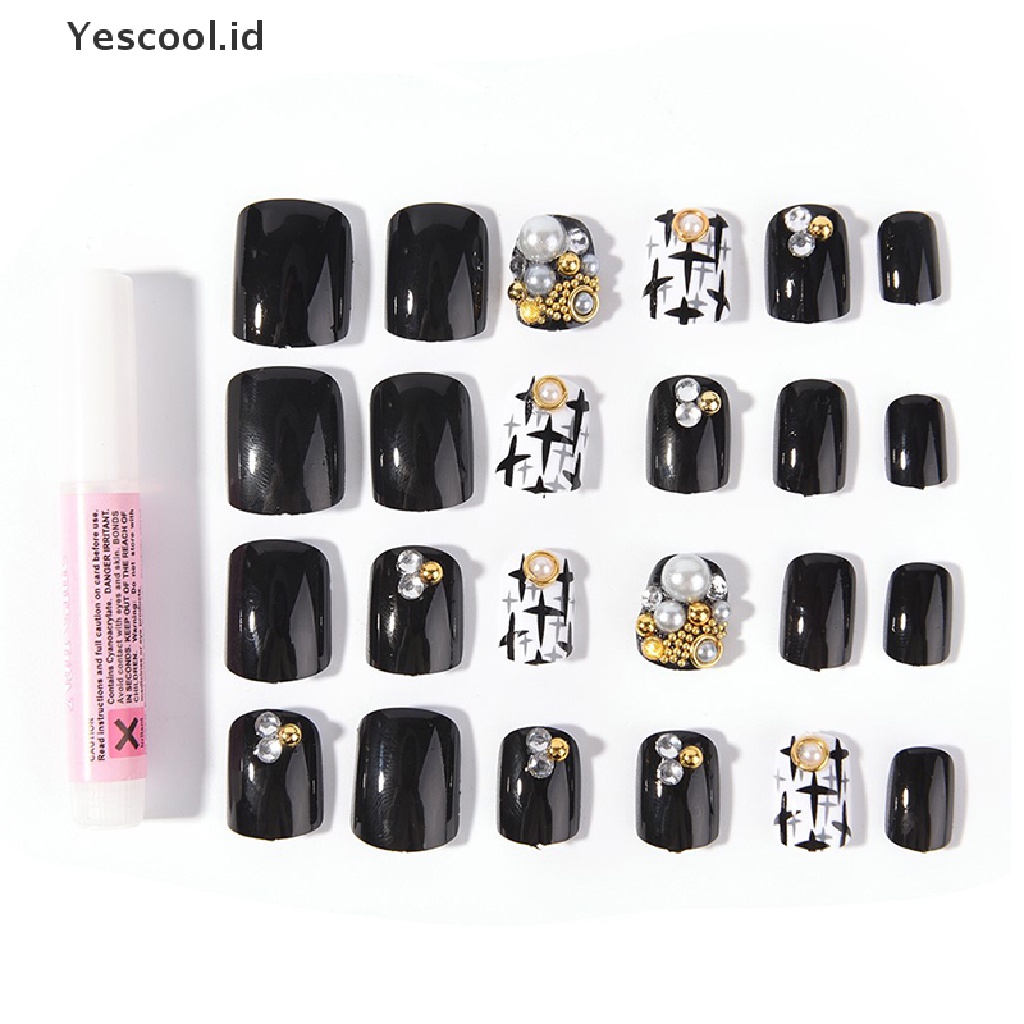 24pcs Kuku Palsu Bahan Akrilik Dengan Lem Untuk Nail Art