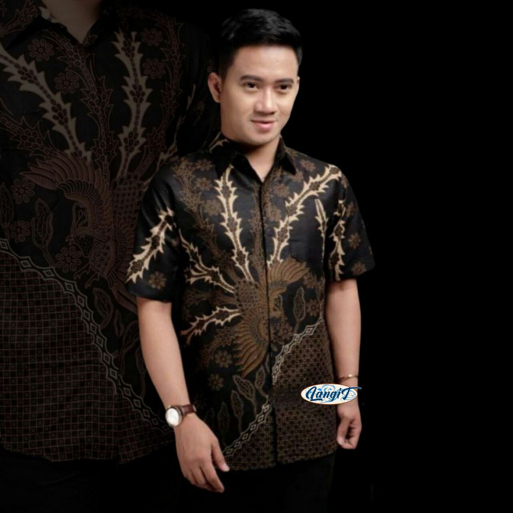 Batik Pria Lengan Pendek  BATIK MURAH HRB026 motif TERBARU 2021 Kode 002 size M L XL XXL BIG SIZE 3L 4L 5L 6L Reguler Fit-HEM MURAI HITAM