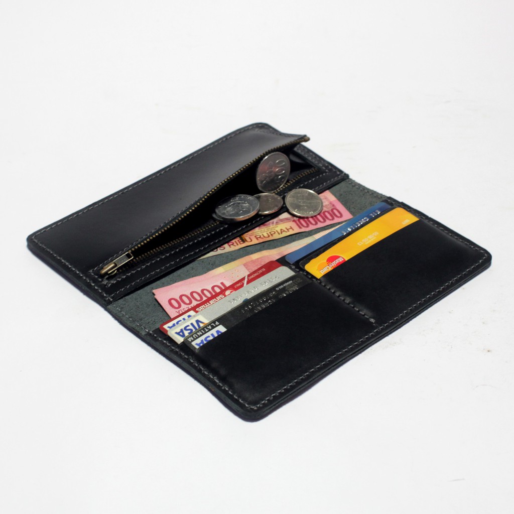 dompet cewek model panjang - saku zipper kulit sapi asli hitam PHWL706