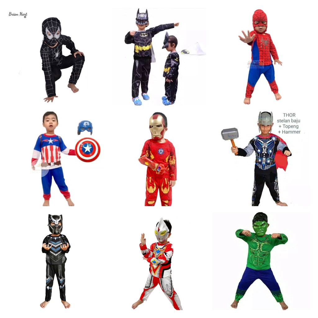 KOSTUM BAJU ANAK LAKI LAKI SUPERHERO SPIDERMAN BLACK PANTHER VENOM THOR PALU CAPTAIN AMERICA TAMENG IRON MAN BATMAN SAYAP HULK ULTRAMEN GRATIS TOPENG USIA 2-10 TAHUN BISA COD