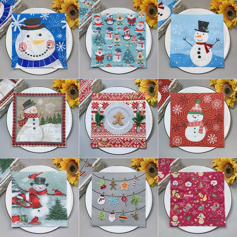 20pcs/bag Serbet Kertas Tema Snowman Natal Xmas Winter Decoupage Serviettes Untuk Peralatan Makan Pesta Xmas