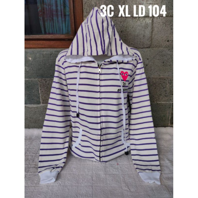 ATASAN WANITA JAKET THREE COINS 3C SALUR LOREK HOODIE ORI MATAHARI BRANDED