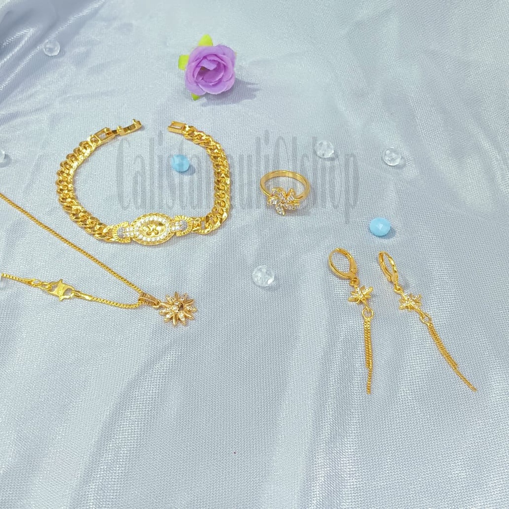 SET DEWASA RANTAI KANCING SAMPUL PERMATA TANAM PERHIASAN EMAS  KOREA ANTI KARAT DAN ANTI LUNTUR