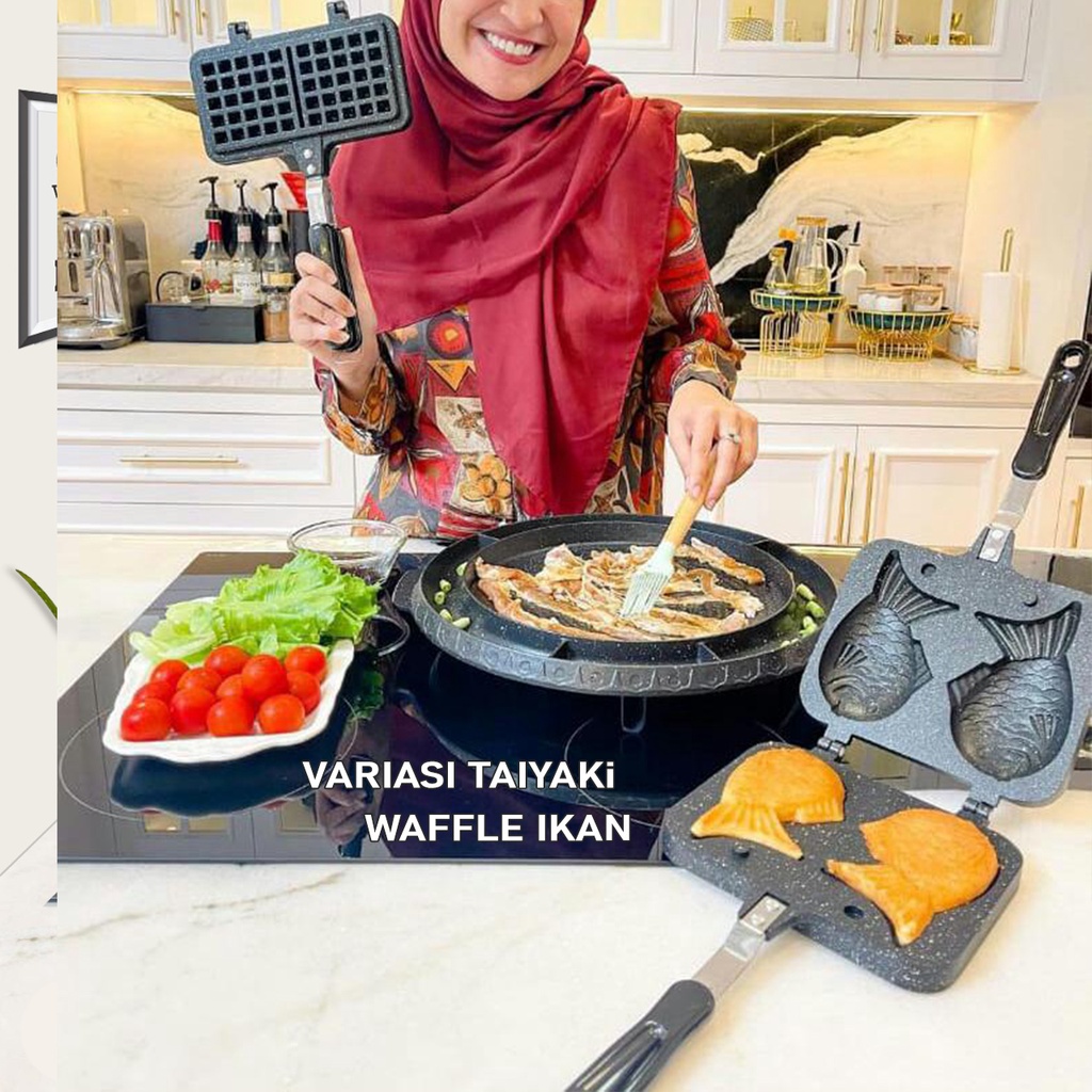 Cetakan TAIYAKI WAFEL MAKER Teflon Marble Cetakan Kue Dua ikan teflon Anti lengket Waffle bungeoppang pan japan