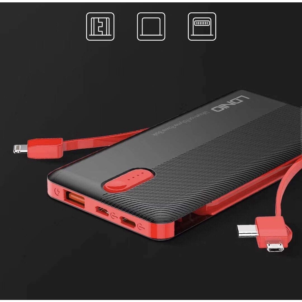 MURAH!! POWER BANK LDNIO ORIGINAL MODEL PL1013 10.000 mAH - BUILT IN TYPE-C/MiCRO/IPHONE CABLE