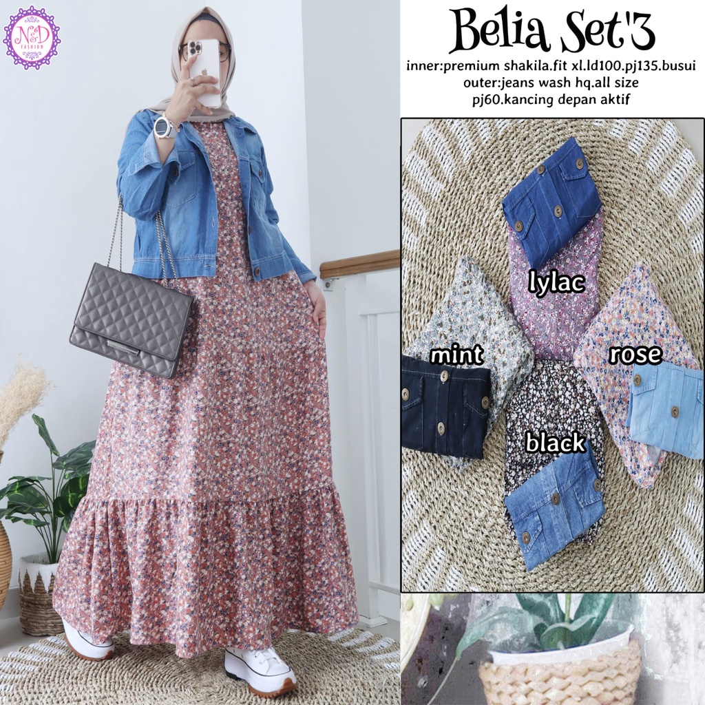 ready || BELIA SET#3 N&D ND NND ORI Gamis Muslimah Setelan Wanita Outer Set Jeans