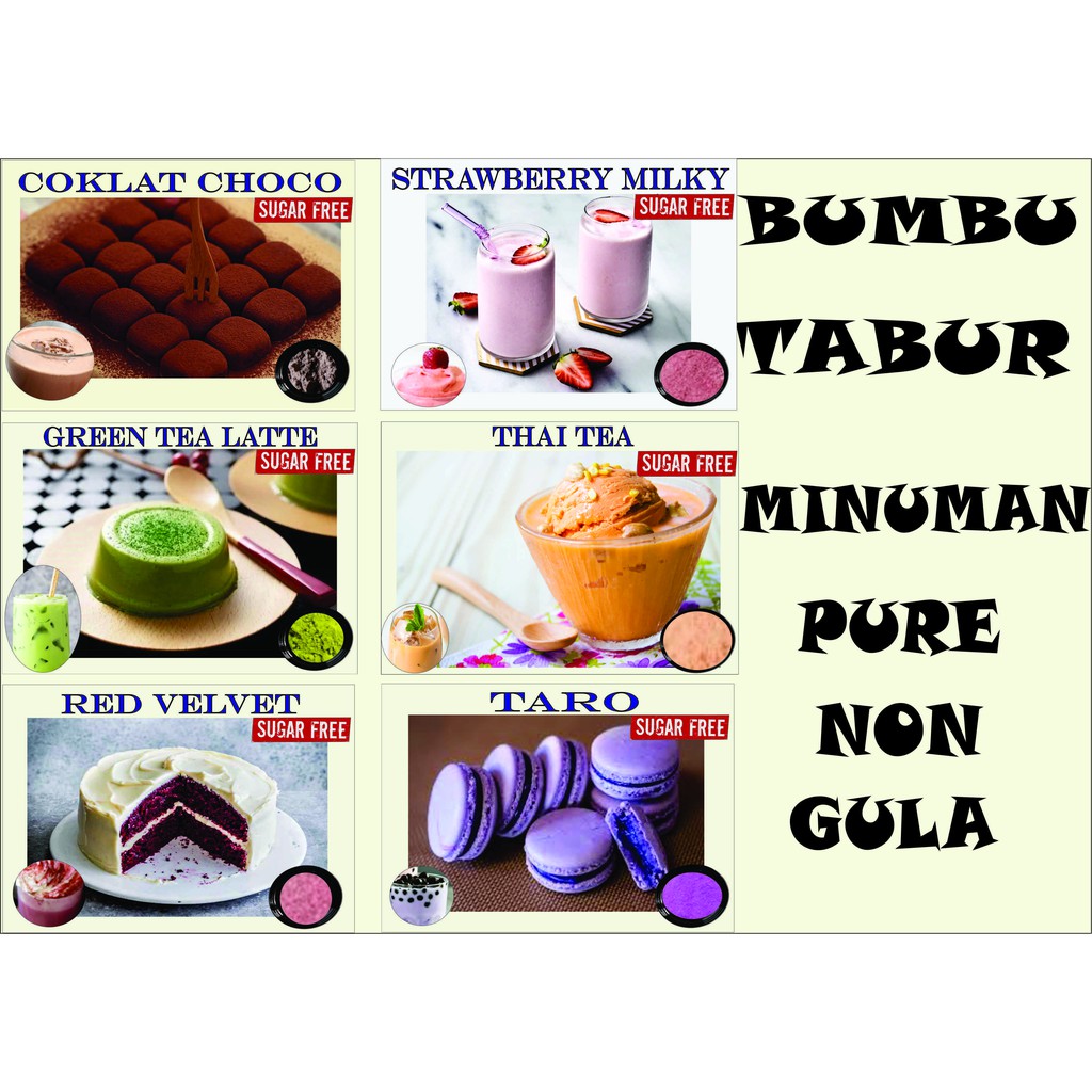 

BUBUK MINUMAN PURE NON GULA TERBAIK COKLAT GREEN TEA RED VELVET TARO THAI TEA STRAWBERRY MILKY ENAK