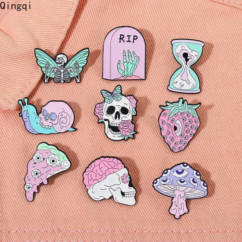 Bros Pin Enamel Desain Kartun Tengkorak Butterfly Siput Strawberry Mawar Untuk Wanita