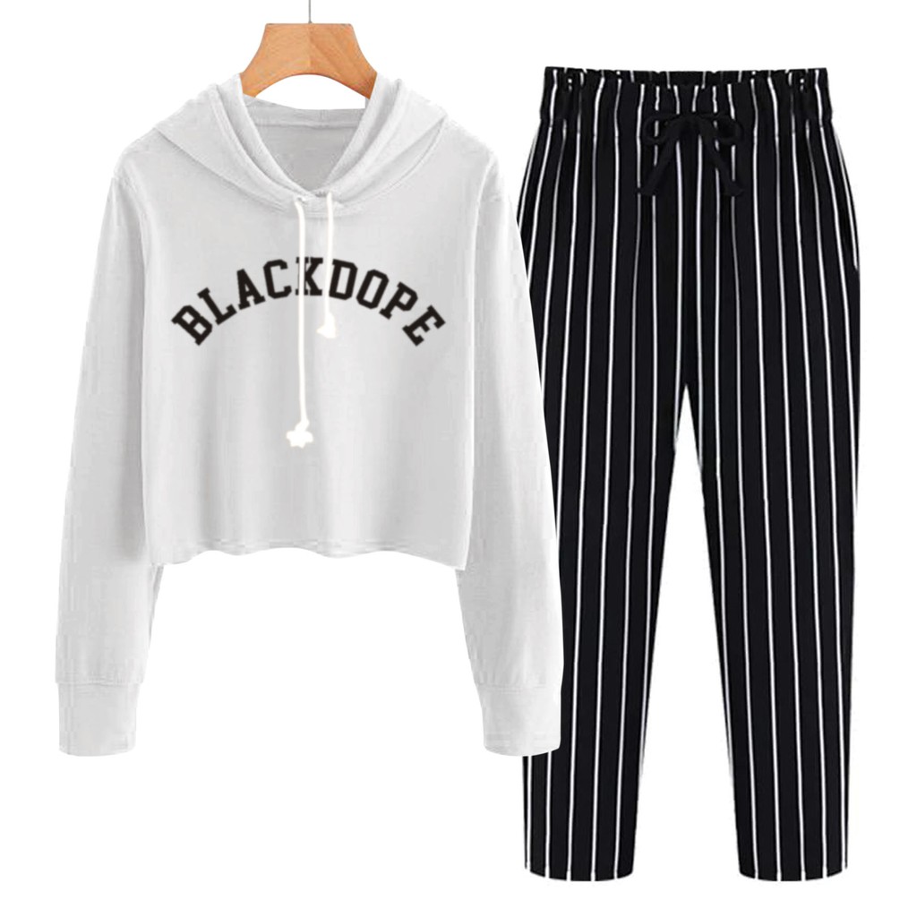 BESS - Baju Setelan Wanita Murah / Setelan Hoodie Crop + Celana Salur Hitam - BLACKDOPE