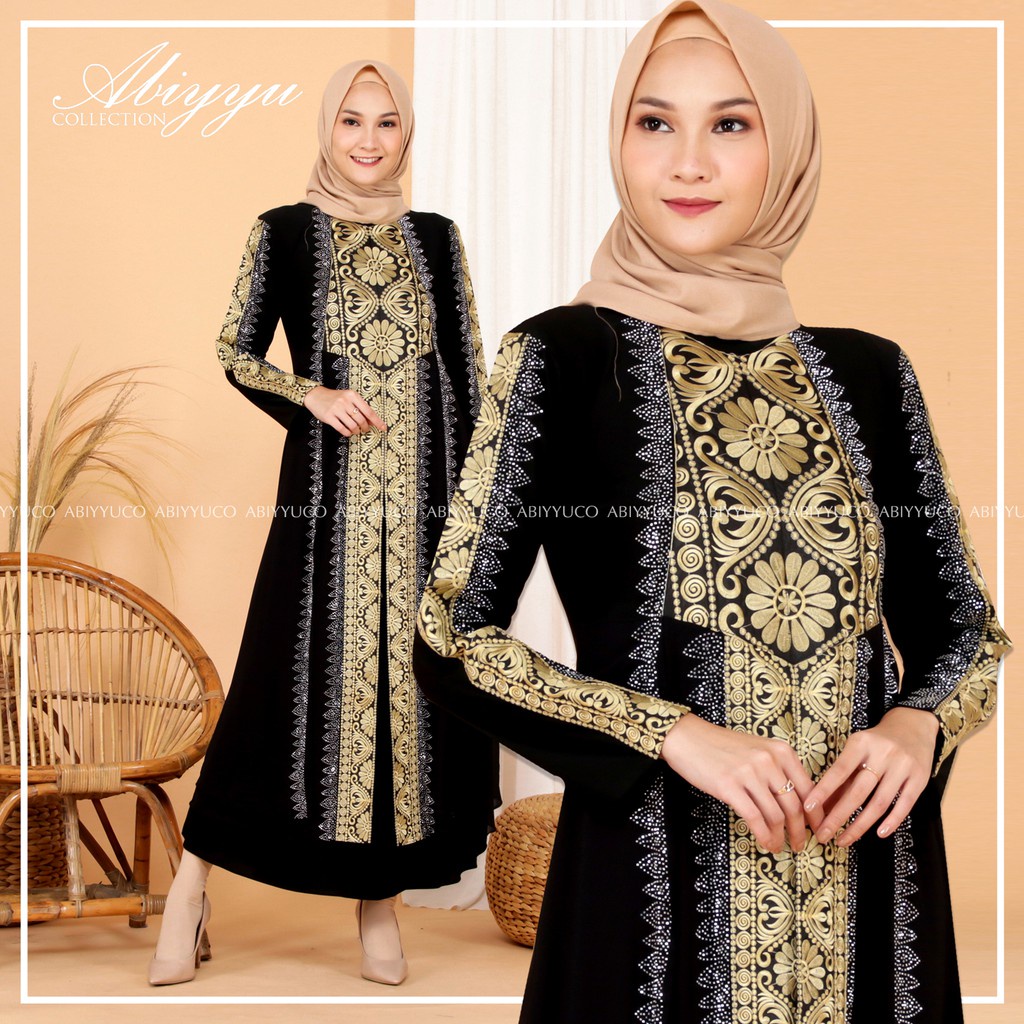 Abiyyuco GL1015 | Abaya Turkey Hitam dan Warna  Seragam Pengajian, Ready Turki Jumbo LD 125  Turky Bahan Jersey mix Ceruty dengan Bordir Renda dan Mote Swarovski,