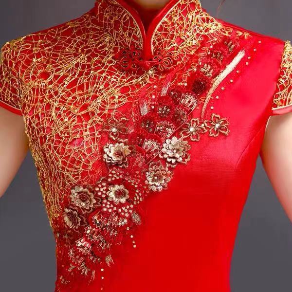 2020 new golden Lace Flower Bride Wedding Toast dress wedding red cheongsam dress bride performance