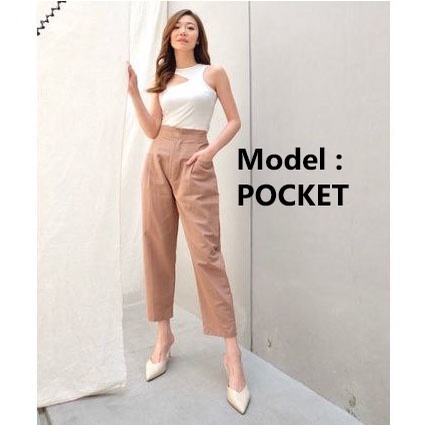 Celana Kulot Linen Resleting Kancing Celana Rami Wanita Highwaist Premium