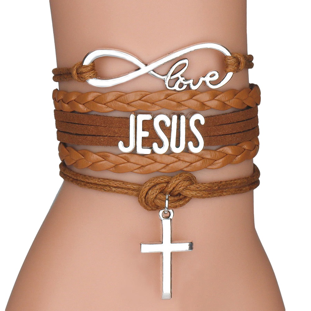 Hu Hu Hu Hu Hu Alat Bantu Pasang Kacamata♡ Infinity Gelang Tali Kepang Multilayer Dengan Charm Salib Yesus Love JESUS Untuk Priawanita