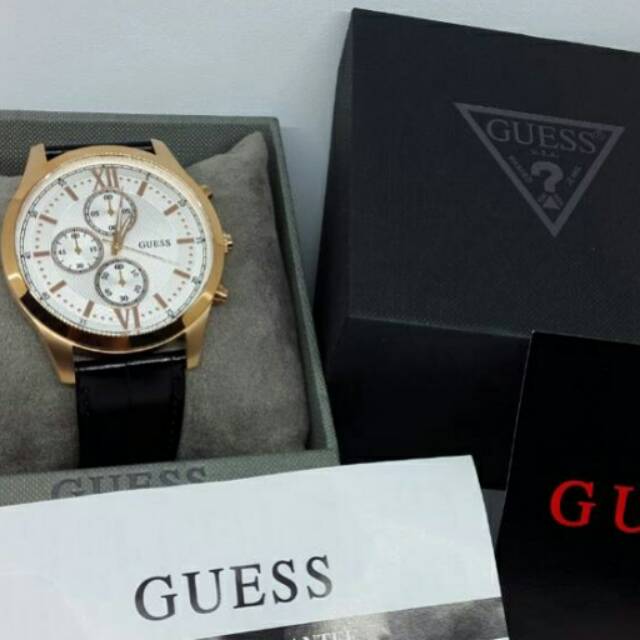 Jam Tangan Pria Guess W0876G2 Rosegold Leather Kulit Original Murah