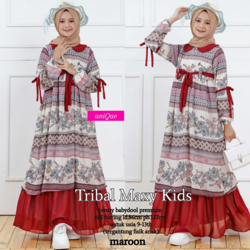 Tribal Maxy Kids Terbaru Gamis Ceruty Babydoll Full Furring Anak Perempuan Usia 9 - 13 Tahun