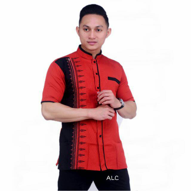 Baju Koko Bordir Ekslusif Lengan Pendek Bahan Katun Versus Premium Warna Merah Cabe - GHS