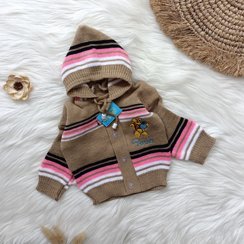 Sweater rajut hoodie salur 0-6  bulan