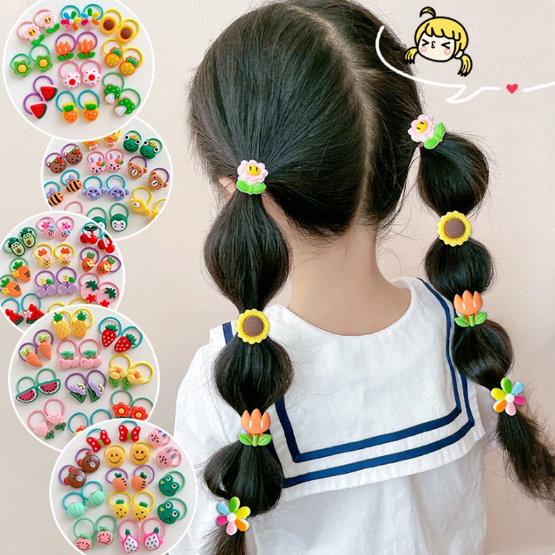 Magic789 10pcs / Set Ikat Rambut Tali Karet Aksen Bunga Matahari / Strawberry Untuk Anak Perempuan