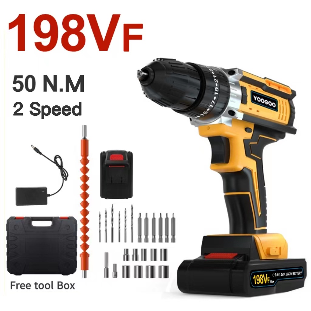 198VF Mesin Bor Impact Drill / Bor Listrik/Bor baterai /Beton Besi Kayu Full Set Pilihan Bor Tanpa Kabel with 2 baterai Hadiah Sarung Tangan Gratis