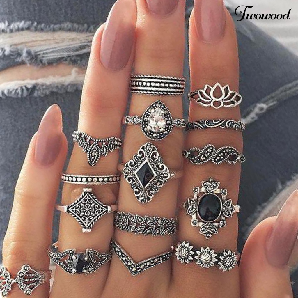 15 Pcs Cincin Berlian Imitasi Model Terbuka Gaya Bohemian Untuk Wanita