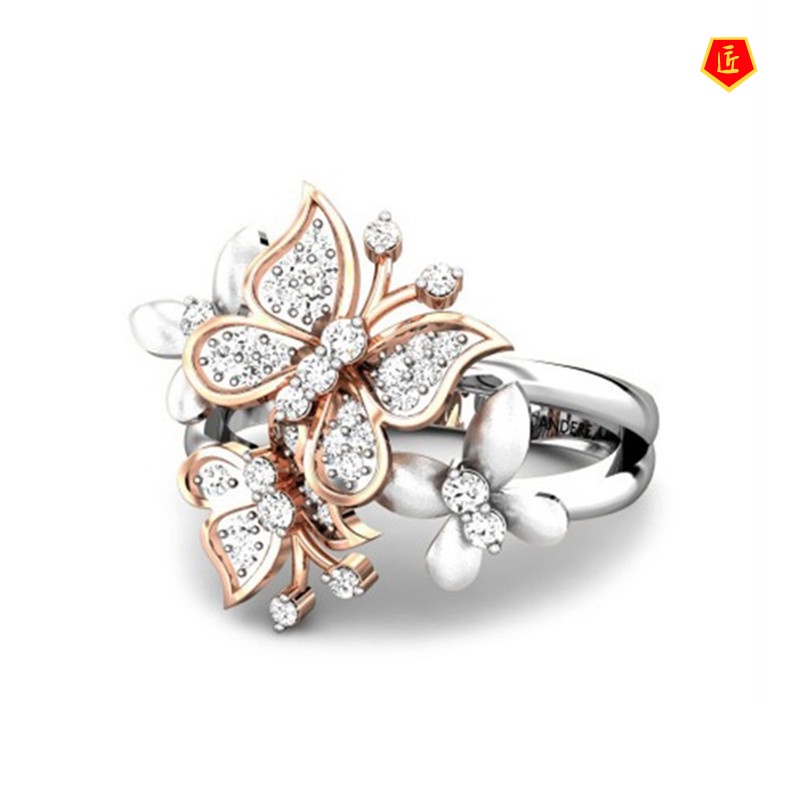 [Ready Stock]Elegant Personality Double Butterfly Diamond Ring 18K Gold