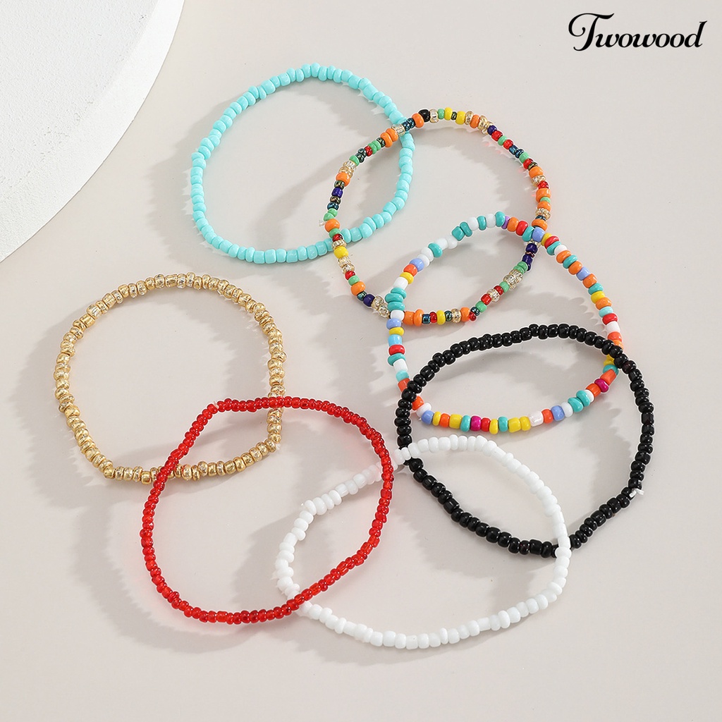 7pcs Gelang Kaki Elastis Aksen Manik-Manik Warna-Warni Kontras Untuk Wanita