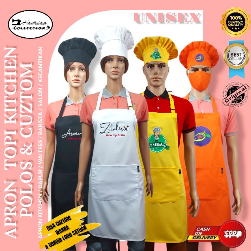 Celemek Apron Custom | Celemek Bordir logo | Topi koki Polos dan Custom 42 varian Warna