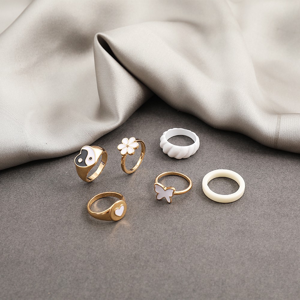 6pcs / Set Cincin Tai Chi Bentuk Hati Kupu-Kupu Putih Gaya Elegan Untuk Aksesoris Wanita