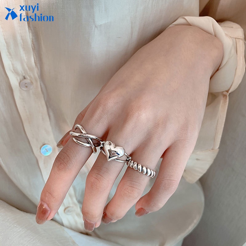 3pcs / Set Cincin Bahan Titanium Warna Silver Gaya Retro Untuk Wanita