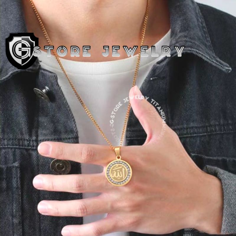 kalung titanium asli anti karat liontin Allah gold emas putih silver perak pria wanita cowok cewek