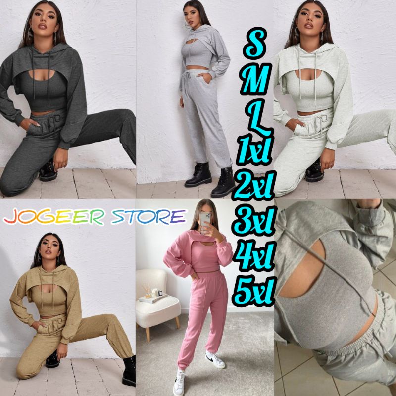 SET HOODIE CROP DADA TERBUKA+CELANA JOGGER TALISERUT ALL SIZE BIG SIZE S M L XL XXL XXXL XXXL XXXXL