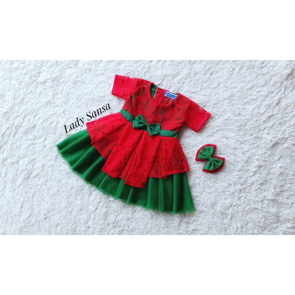 Azzafran – Dress Lady Sansa Natal Anak Perempuan Brokat Merah Elegan, Rok Tutu Hijau & Pita Cantik
