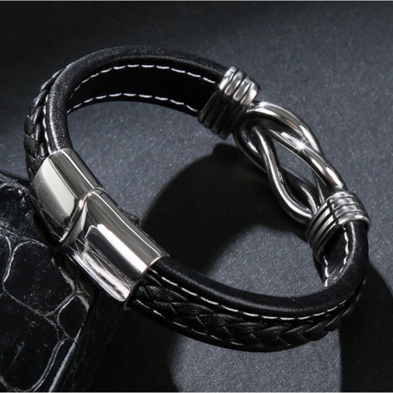 Men Bracelet Black Leather Stainless Steel Charm Magnet Buckle Bracelets Man Cross Knot Punk Jewelry