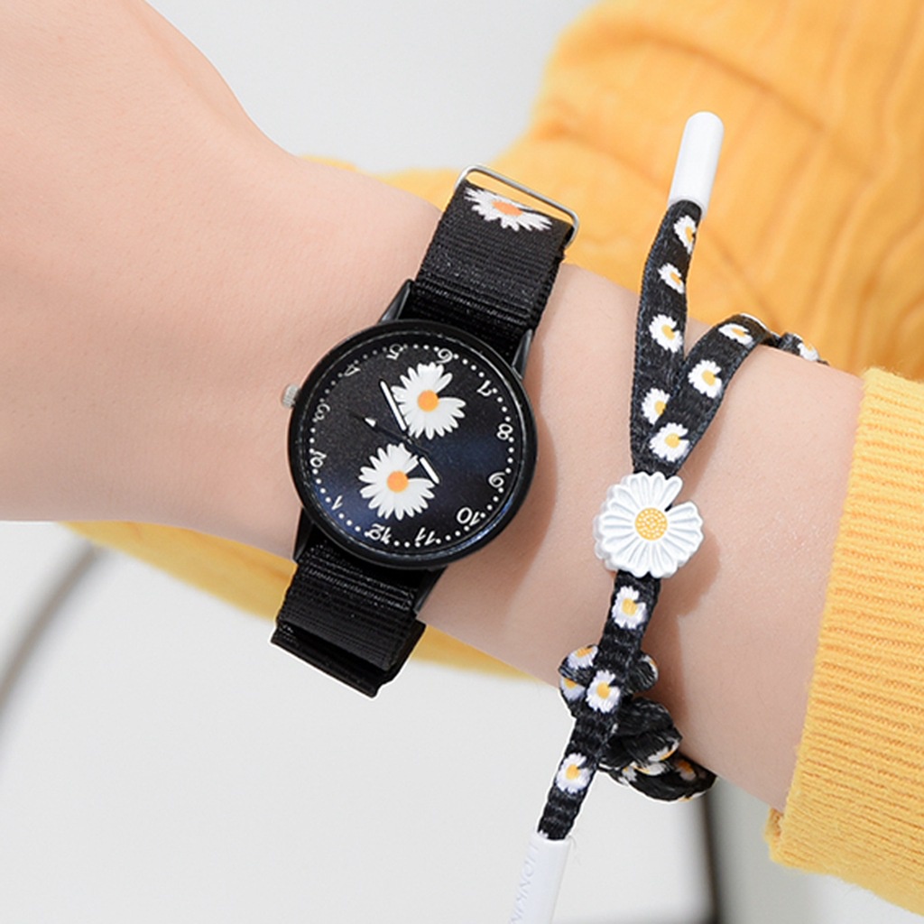 MURMURE.ID | JAM TANGAN ANALOG WANITA MODEL BULAT BUNGA DAISY HITAM IMPORT MURAH FW014-2